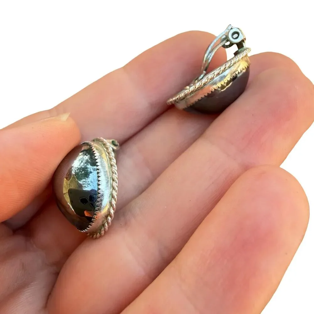Vintage Whiting Davis Hematite Oval Cabochon Silver Tone Clip Earrings
